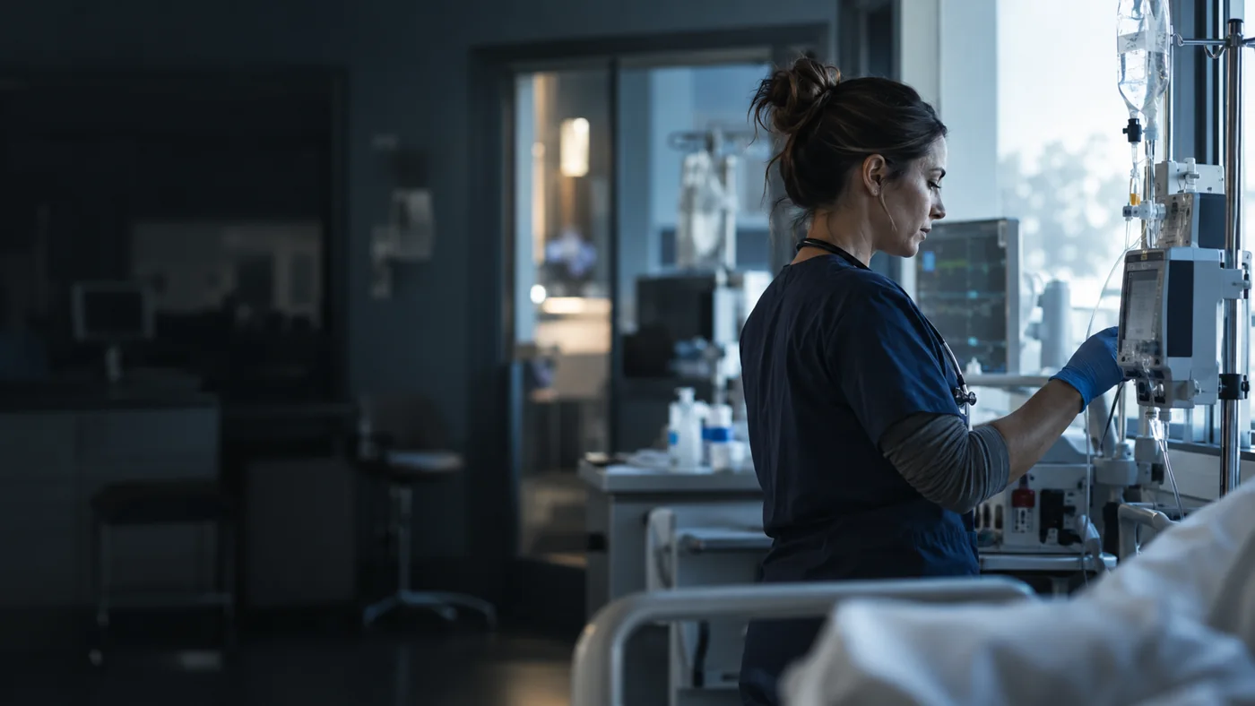 Illustrative view of a registered nurse working in a clinical environment.